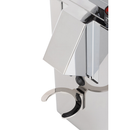 La Pavoni Kube Mill Coffee Grinder in chrome finish, featuring a portafilter holder for hands-free grinding.