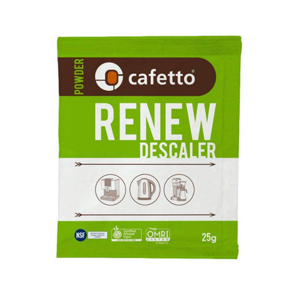 Four seperate packets of 25g of Cafetto Renew Descaler Agent for cleaning Espresso Machines