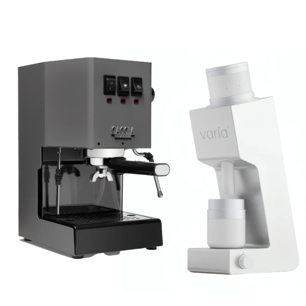 Gaggia Classic E24 Grey Varia VS4 White Espresso Machine Bundle