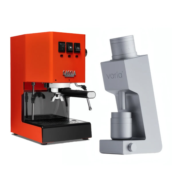 Gaggia Classic E24 Lobster Red Varia VS4 Silver Espresso Machine Bundle