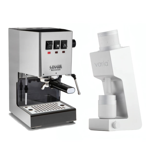 Gaggia Classic E24 Stainless Steel Varia VS4 White Espresso Machine Bundle