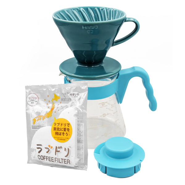 Hario Craft Ceramic V60 Brewing Kit Light Blue complete pour over coffee set with dripper, server and filters