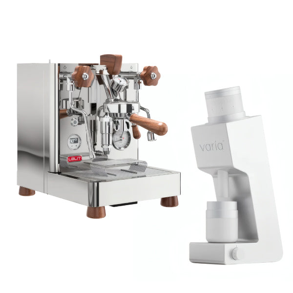Lelit Bianca Stainless Steel Walnut Varia VS4 White Espresso Machine Bundle