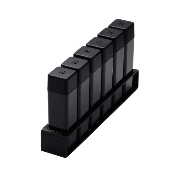 Normcore Coffee Bean Cellars V2 Set of 6 in black, six single-dose bean tubes standing in the black stand, angled side view