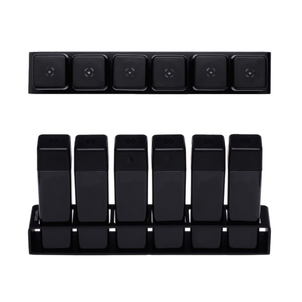Top-down and front view of the Normcore Coffee Bean Cellars V2 Set of 6 in black, showing the six lids and tubes in the stand