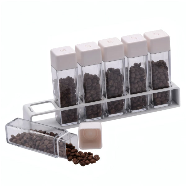 Normcore Coffee Bean Cellars V2 Set of 6 in white with one tube open and roasted coffee beans spilling out