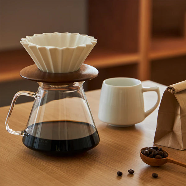 Origami paper filter set for pour over coffee brewing with Origami dripper filters