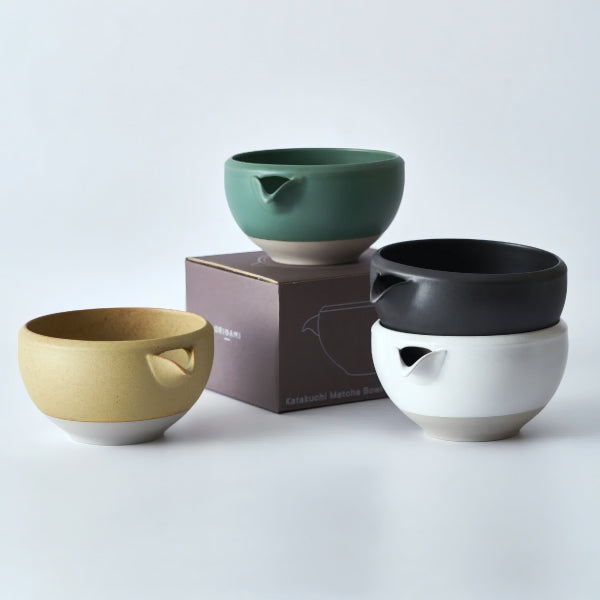 Origami Katakuchi Matcha Bowl in four glazes with the gift box