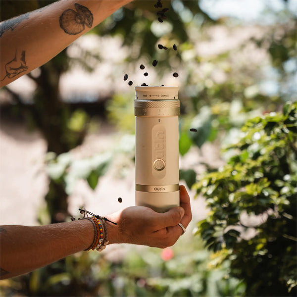 OutIn Fino Portable Electric Coffee Grinder in Matte White Finish